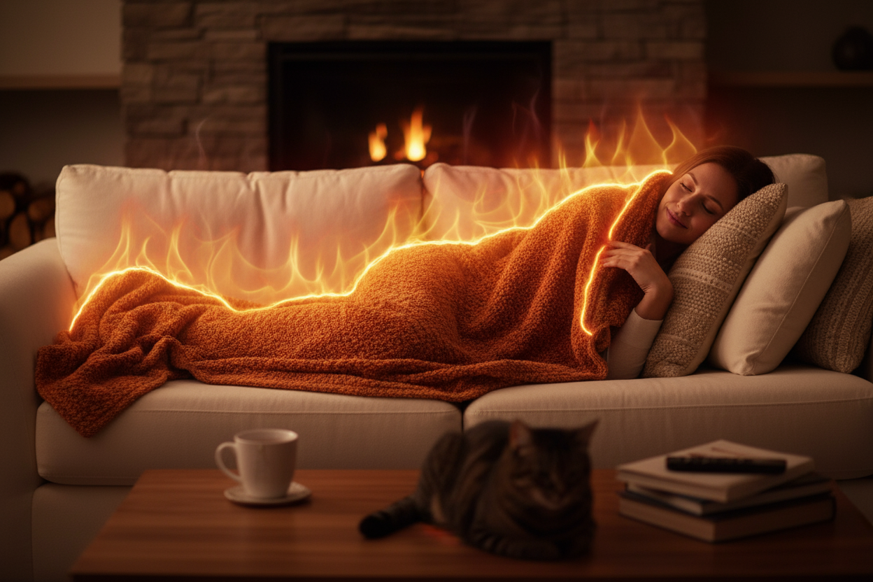 podgrzewany koc , pani na kanapie, ogrzewa się, efekty ciepla i ognia 